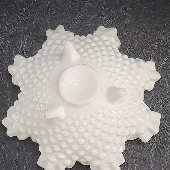 Vintage Fenton White Milk Glass Hobnail Crimped Ruffle Edge 3 Footed Decorative - Picture 3 of 10